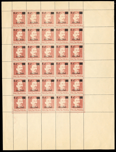 Surcharges  (362) 1945 82nd Anniversary of the January Uprising, overprinted "22.I.82" and surcharged 5zl on 25gr rose brown, complete sheet of 30, with large margins all around