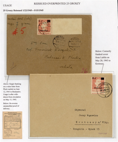 Surcharges on cover  (362) 1945 5zl on 25gr Traugutt, two covers, one from Lublin (20.5.45) to Krotoszyn, signed Plewka, the other from Plock (12.VI.45) to Bodzanow