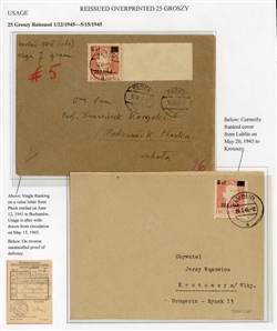 Surcharges on cover  (362) 1945 5zl on 25gr Traugutt, two covers, one from Lublin (20.5.45) to Krotoszyn, signed Plewka, the other from Plock (12.VI.45) to Bodzanow