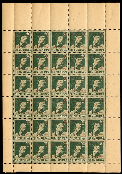 Surcharges (363) 1945 151st Anniversary of the Kosciuszko Uprising, 5zl on 50gr dark green, sheet of 30, with large margins all around, n.h., some perf. separations, fine-v.f. (Fi.361)