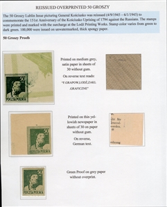 Surcharges (363P) 1945 50gr Kosciuszko, surcharge omitted, imperforate proof printed on F.Grapow, Lodz.Zakl.Graficzne paper, upper right sheet corner margin example, some extraneous ink on front