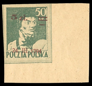 Surcharges (363var) 1945 5zl on 50gr Kosciuszko, imperforate lower right sheet corner margin single, n.h., v.f., signed Korszen (Fi.5,000zl)