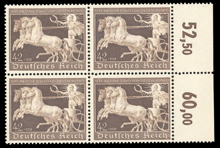 Germany (B173) cat value $360, 1940 7th Brown Ribbon, block of four, never hinged