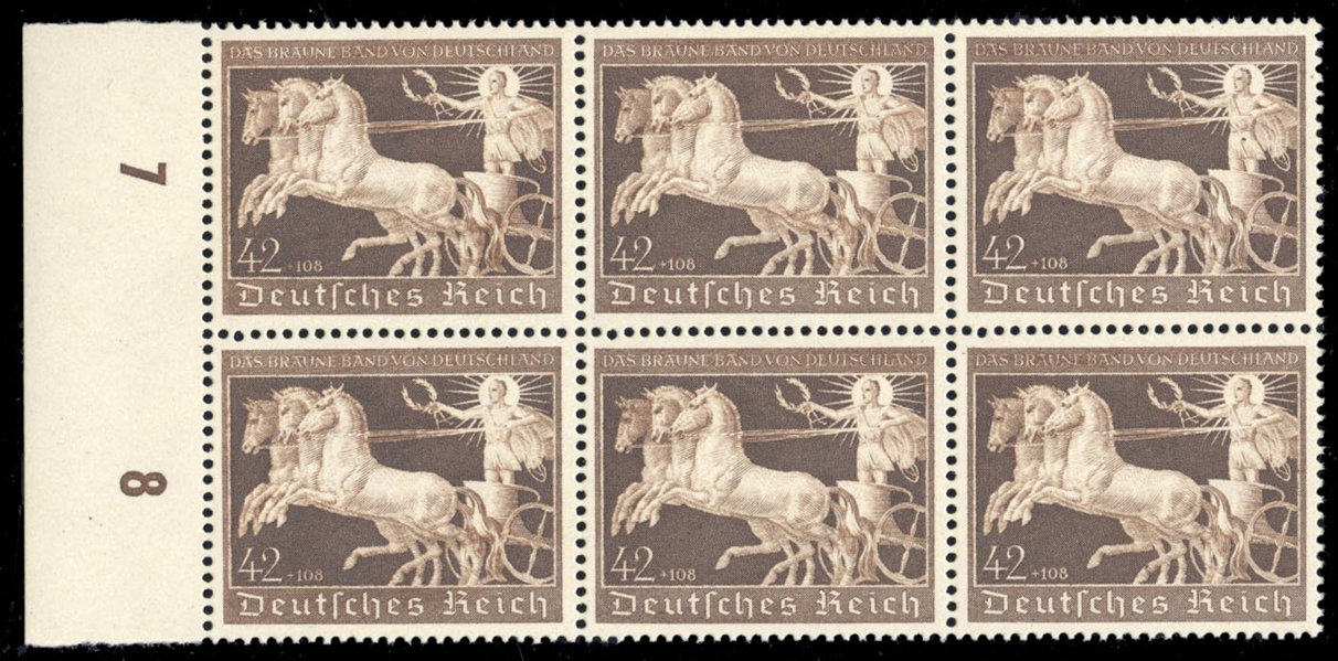 Germany (B173) cat value $540, 1940 7th Brown Ribbon, block of six, never hinged