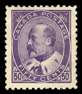 Canada (95) cat value $850, 1908 50c purple, hinged