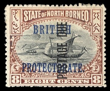 North Borneo (J26a) cat. value $200, 8c brown & black, overprint vertical, hinged