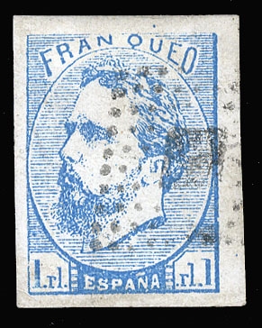 Spain (X2) cat. value $275, 1873 1r blue, used, margins all around, signed Engel 