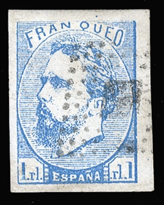 Spain (X2) cat. value $275, 1873 1r blue, used, margins all around, signed Engel 