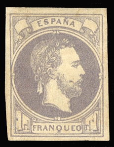 Spain (X3) cat. value $300, 1873 1r violet, hinged, with 1977 EXFIMA certificate