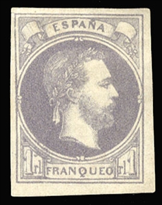 Spain (X3) cat. value $300, 1873 1r violet, unused without gum, with 1977 EXFIMA certificate