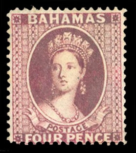 Bahamas (18) cat. value $525, 1863 4p rose, small part original gum, signed Diena