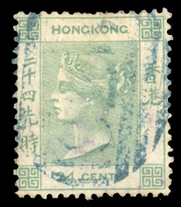 Hong Kong (6) cat. value $140, 1862 24c green, used
