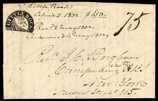 United States Stampless Covers 1835 (5 Apr) large part of a FL with a perfect strike of the "Little Rock, Ark." Fancy Shield in Semi-circle datestamp which shows every detail of the design,...