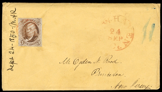 United States 1847 Issue (1) 1847 5c red brown, margins all around, light black grid cancel, v.f., re-used on 1850 cover (with contents), tied by red grids, sent from New Haven to Princeton,...