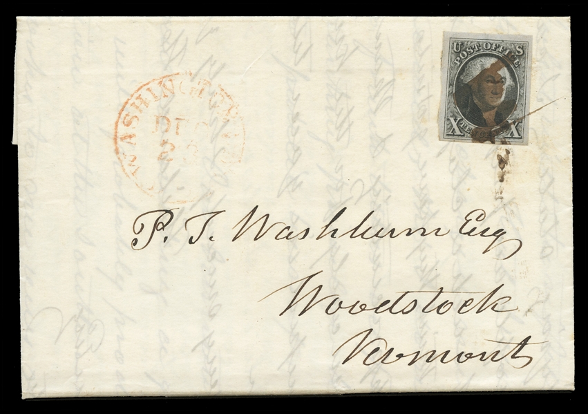 United States 1847 Issue (2) 1847 10c black, wide margins on all sides, tied by a manuscript pen cancel on a FL datelined December 21, 1850, red Washington D.C. Dec 23 cds at left, addressed in...