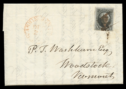 United States 1847 Issue (2) 1847 10c black, wide margins on all sides, tied by a manuscript pen cancel on a FL datelined December 21, 1850, red Washington D.C. Dec 23 cds at left, addressed in...