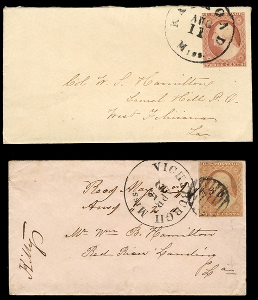 United States 1851-57 Issue 1851 two small covers, each with 3c red brown franking, used from Vicksburg, Miss. (Apr 25) and Raymond, Miss. (Aug 11) to Col. W.P. Hamilton in Louisiana