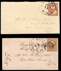 United States 1851-57 Issue 1851 two small covers, each with 3c red brown franking, used from Vicksburg, Miss. (Apr 25) and Raymond, Miss. (Aug 11) to Col. W.P. Hamilton in Louisiana