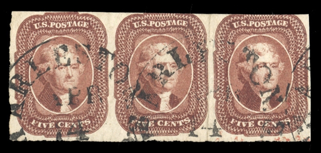 United States 1851-57 Issue (12) 1851 5c red brown, horizontal strip of three, black Charleston Apr 14 town cancels, part of red arrival at bottom right, margins just clear at left stamp, right...