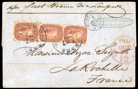 United States 1857-61 Issue (28) 1857 5c red brown, vertical strip of three, perfs cut at top, tied by New Orleans departure pmks on outer FL from New Orleans to France, endorsed "per First...