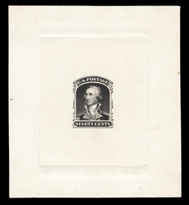 United States 1857-61 Issue (39TC1) 1857 90c large die trial color proof in black, showing full die sinkage, v.f. and scarce, cat. $6,000