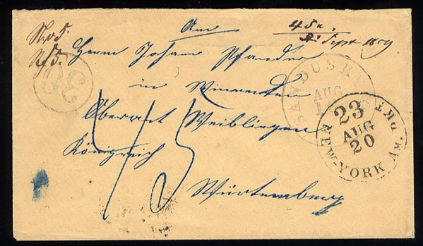 United States 1857-61 Issue 1859 stampless cover from Sandusky, Ohio to Germany, accompanied by a beautifully illustrated lettersheet, cover with New York Am.Pkt transit, Aachen and Stuttgart...
