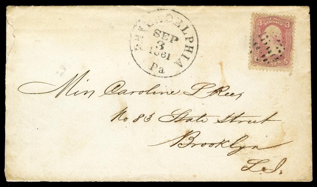 United States 1861-68 Issues (64a) 1861 3c pigeon blood pink, single on cover (contents enclosed) from Philadelphia to Brooklyn, cover with small tear at left, stamp well centered and fine, with...