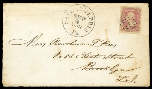 United States 1861-68 Issues (64a) 1861 3c pigeon blood pink, single on cover (contents enclosed) from Philadelphia to Brooklyn, cover with small tear at left, stamp well centered and fine, with...