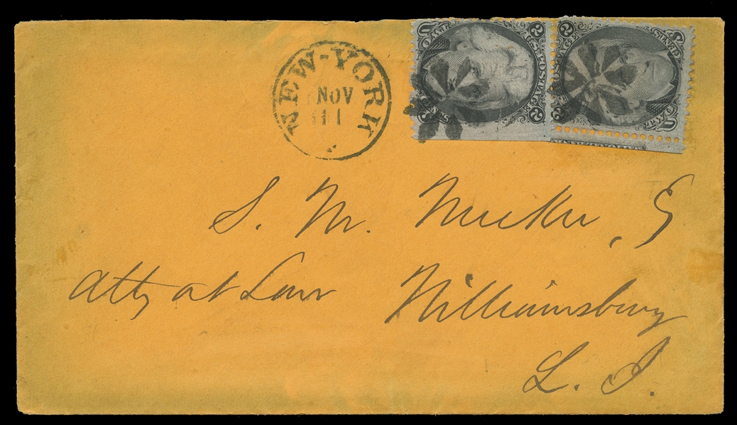 United States 1861-68 Issues (73) 1861 2c black singles, one with right sheet margin (with pre-use crease visible) and the other with partially captured imprint, used by black fancy cancels on...