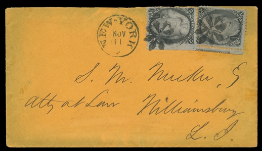 United States 1861-68 Issues (73) 1861 2c black singles, one with right sheet margin (with pre-use crease visible) and the other with partially captured imprint, used by black fancy cancels on...