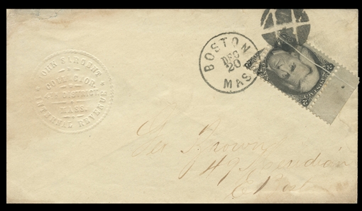 United States 1861-68 Issues (73) 1861 2c black, sheet margin single exhibiting a pre-printing paper fold, tied by black cork and Dec 20 Boston, Mass. datestamp on cover paying the drop rate...