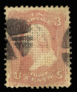 United States 1867 Grill Issue (83) 1867 3c rose, C.Grill, black cork cancel, nice color, wide margins, clearly defined grill, fine, with 2000 PFC for a pair from which this originated, cat. $1,150