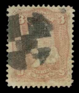 United States 1867 Grill Issue (85) 1867 3c rose, D.Grill, fancy "Cross" cancel, well centered, fresh and v.f., with 2005 PFC, cat. $1,050