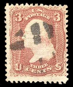 United States 1867 Grill Issue (85) 1867 3c rose, D.Grill, neat black cancel, well centered for this difficult issue, v.f., with 2000 PSE certificate, cat. $1,050