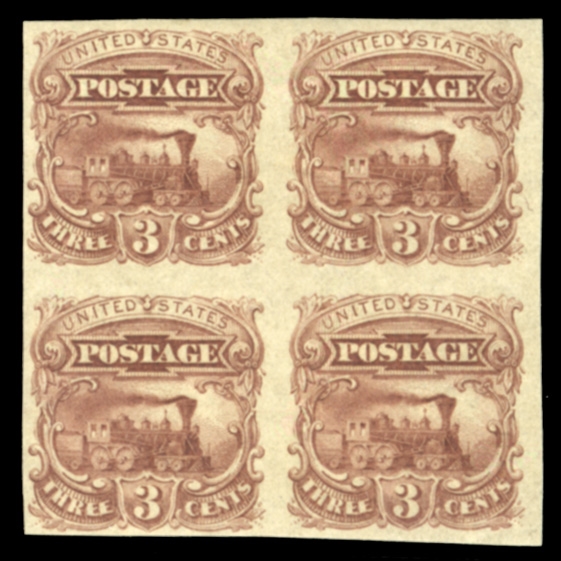 United States 1869 Pictorials (114-E) 1869 3c Locomotive, imperforate block of four in red brown, essay on gummed stamp paper, without grill, l.h. and n.h., v.f.