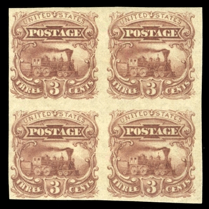 United States 1869 Pictorials (114-E) 1869 3c Locomotive, imperforate block of four in red brown, essay on gummed stamp paper, without grill, l.h. and n.h., v.f.