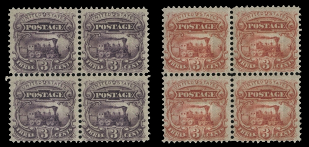 United States 1869 Pictorials (114-E6d) 1869 3c Locomotive, two different perforated and gummed essays on stamp paper, with grill, blocks of four, l.h. and n.h., fine-v.f.