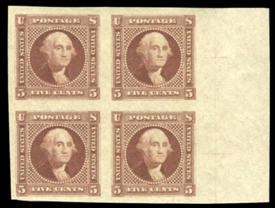 United States 1869 Pictorials (115E) 1869 6c Washington, imperforate block of four in red brown, essay on gummed stamp paper, without grill, l.h. and n.h., v.f.