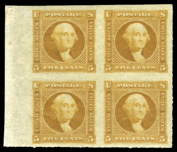 United States 1869 Pictorials (115E) 1869 6c Washington, imperforate block of four in yellow brown, essay on gummed stamp paper, without grill, l.h. and n.h., v.f.