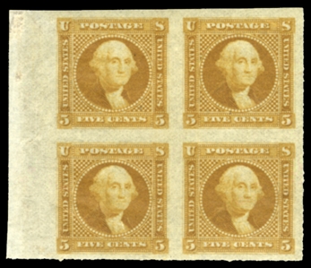 United States 1869 Pictorials (115E) 1869 6c Washington, imperforate block of four in yellow brown, essay on gummed stamp paper, without grill, l.h. and n.h., v.f.