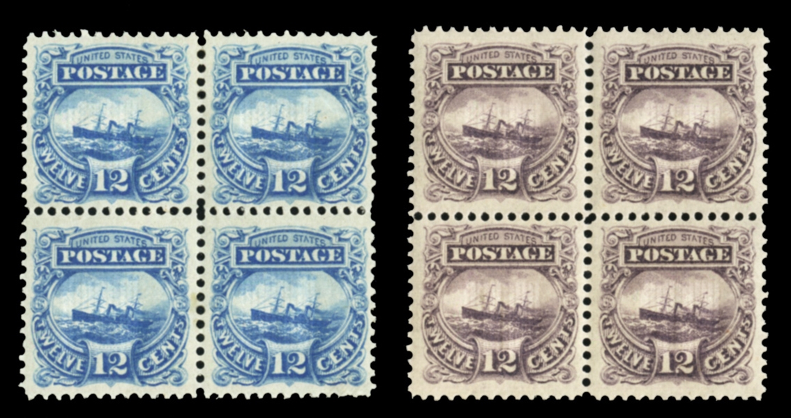 United States 1869 Pictorials (117E) 1869 12c S.S. Adriatic, two perforated and gummed blocks of four, essays on gummed stamp paper, with grill, mostly n.h., fresh and v.f.