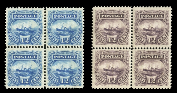 United States 1869 Pictorials (117E) 1869 12c S.S. Adriatic, two perforated and gummed blocks of four, essays on gummed stamp paper, with grill, mostly n.h., fresh and v.f.
