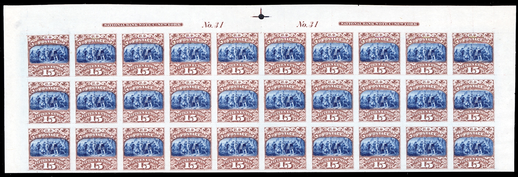 United States 1869 Pictorials (119P3) 1869 15c brown & blue, Plate Proof on india, top sheet margin pane of 30, Imprint and Plate No.31 (2), incredibly fresh, rich colors, two tiny thin spots in...