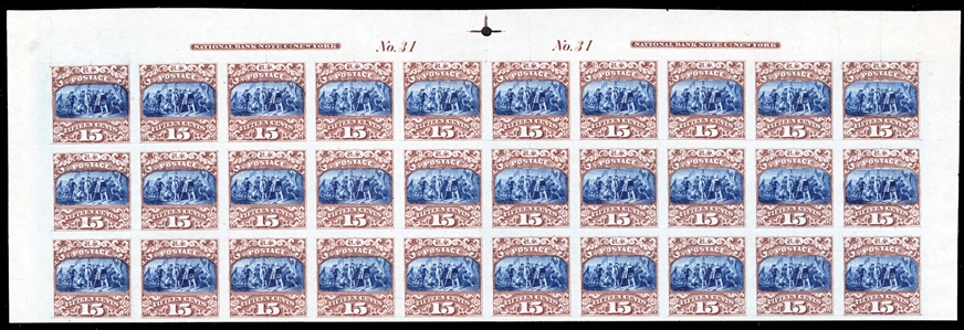United States 1869 Pictorials (119P3) 1869 15c brown & blue, Plate Proof on india, top sheet margin pane of 30, Imprint and Plate No.31 (2), incredibly fresh, rich colors, two tiny thin spots in...