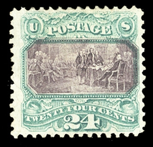United States 1869 Pictorials (120) 1869 24c green and violet, unused, small part redistributed original gum and hinge remnant, bright color, fine, with 2021 Crowe certificate, cat. $8,000