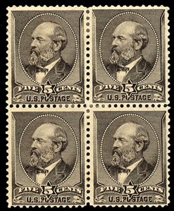 United States 1881-1888 Bank Note Issue (205) 1881 5c yellow brown, block of four, rich color, wide margins, h.r., fine-v.f., cat. $1,150