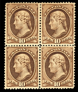 United States 1881-1888 Bank Note Issue (209) 1882 10c brown, block of four, h.r., fine-v.f., cat. $950