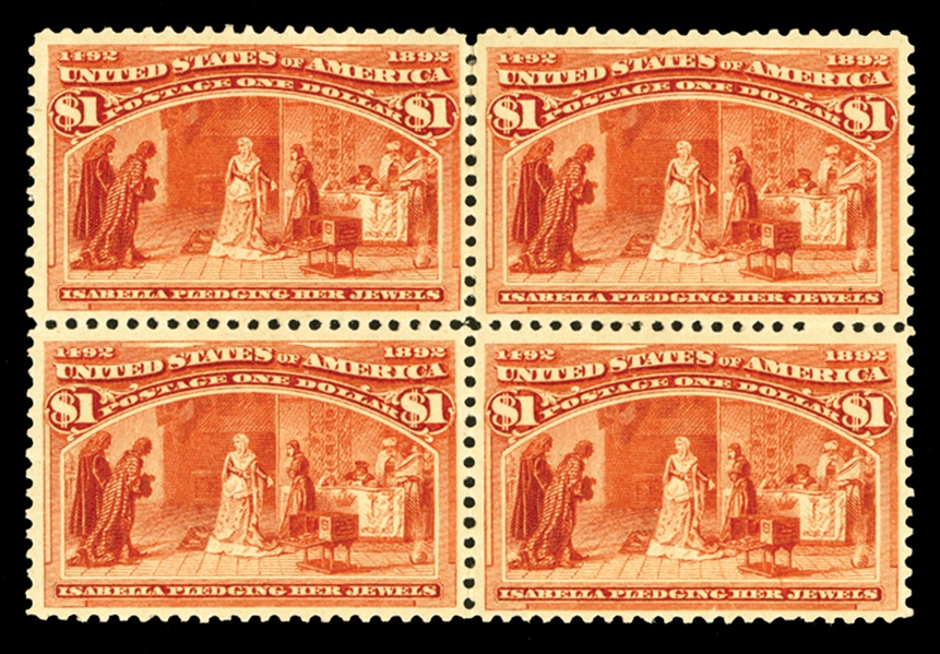United States 1893 Columbian Exposition (241) 1893 $1 salmon, block of four, exceptionally well centered, h.r. and minor perf. strengthening, fresh and v.f., cat. $4,500