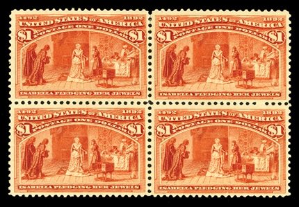 United States 1893 Columbian Exposition (241) 1893 $1 salmon, block of four, exceptionally well centered, h.r. and minor perf. strengthening, fresh and v.f., cat. $4,500