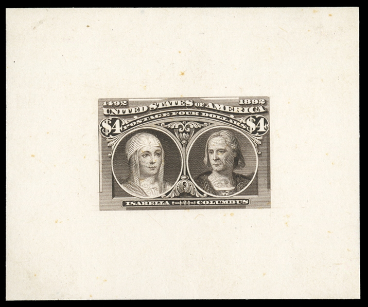 United States 1893 Columbian Exposition (244-E8) 1893 $4 black brown, die essay on india on card, 70x58mm, h.r. and pencil notations on back, some very faint toned spots, v.f. and seldom seen...
